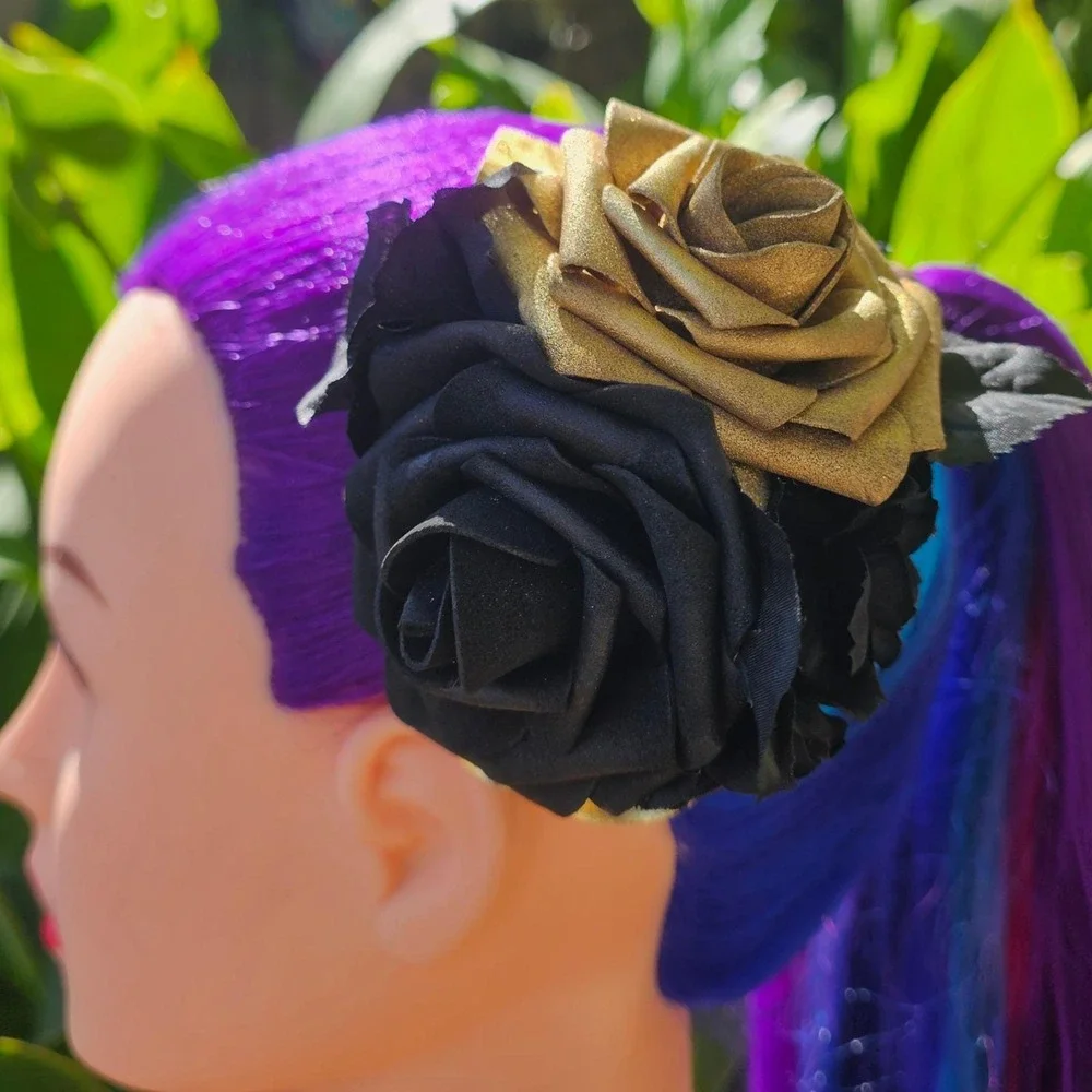 Handmade Black Gold‎ Rose Hair Clip Gothic Glam Floral Fascinator Rockabilly
